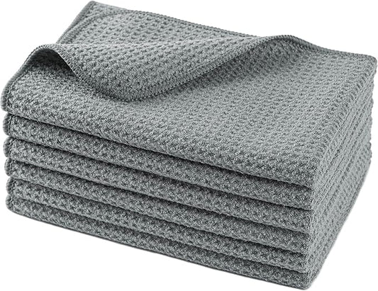 POLYTE Microfiber Drying Towel (16x16, 6 Pack, Waffle, Gray)