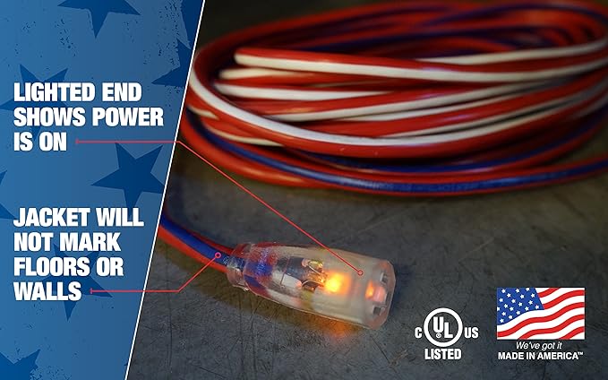 Southwire Heavy Duty Extension Cord, 50Ft, 12 Gauge, 3 Conductor, Outdoor Cord, Lighted End, SJTW, Red/White/Blue, 2548SWUSA1