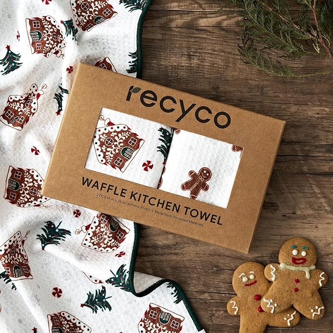 RECYCO Christmas Waffle Kitchen Towel Set of 2 - Quick Dry Microfiber Sustainable Dish Towels - Ultra Absorbent Reusable Cleaning Tea Towels - Lightweight Hand Towels,16”x 28”, Gingerbread Joy
