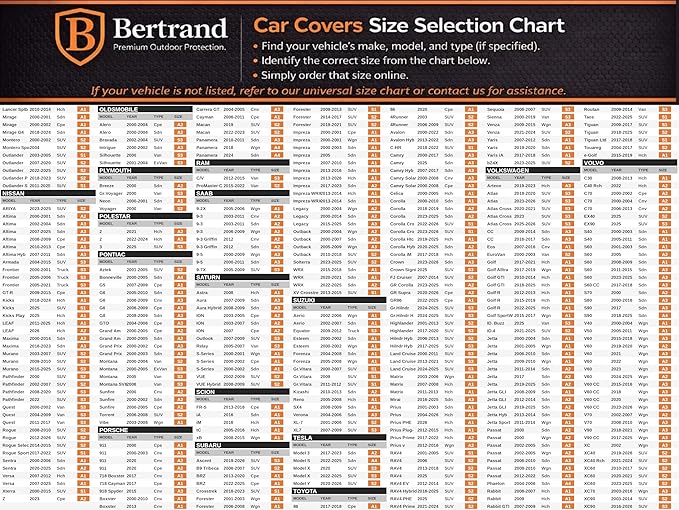 BERTRAND Premium Sedan Car Cover (185 x 71 - Size - A2) - Waterproof All Weather | Mirror Pockets + Door Zipper | Cotton-Lined | UV Protection + Reduces Hail Impact | Large Sedans