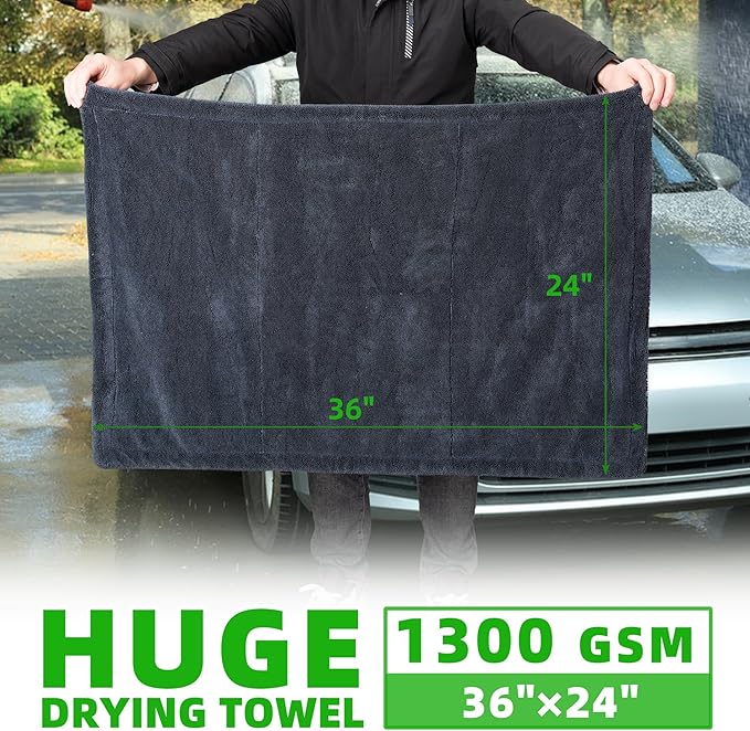 CADONO Huge Microfiber Car Drying Towel, Ultra Absorbent Microfiber Cleaning Cloth for Cars, Bath Towels, No Streaks, Scratches, or Water Spots Double-Twist Pile Design (36"x 24", 1300GSM)
