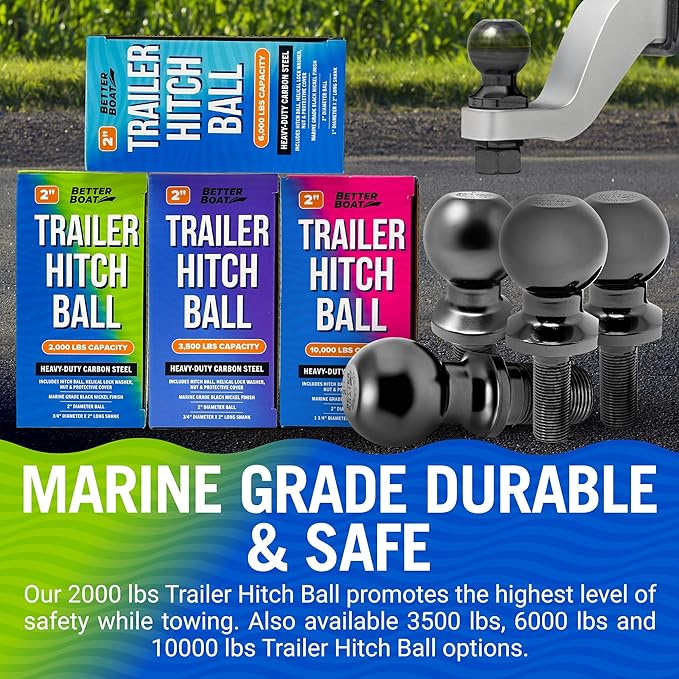 Better Boat 2 Inch Trailer Ball Hitch, 2000lbs Capacity, 3/4" Shank Diameter, 2" Long, Marine Grade Tow Ball for Boats and Towing
