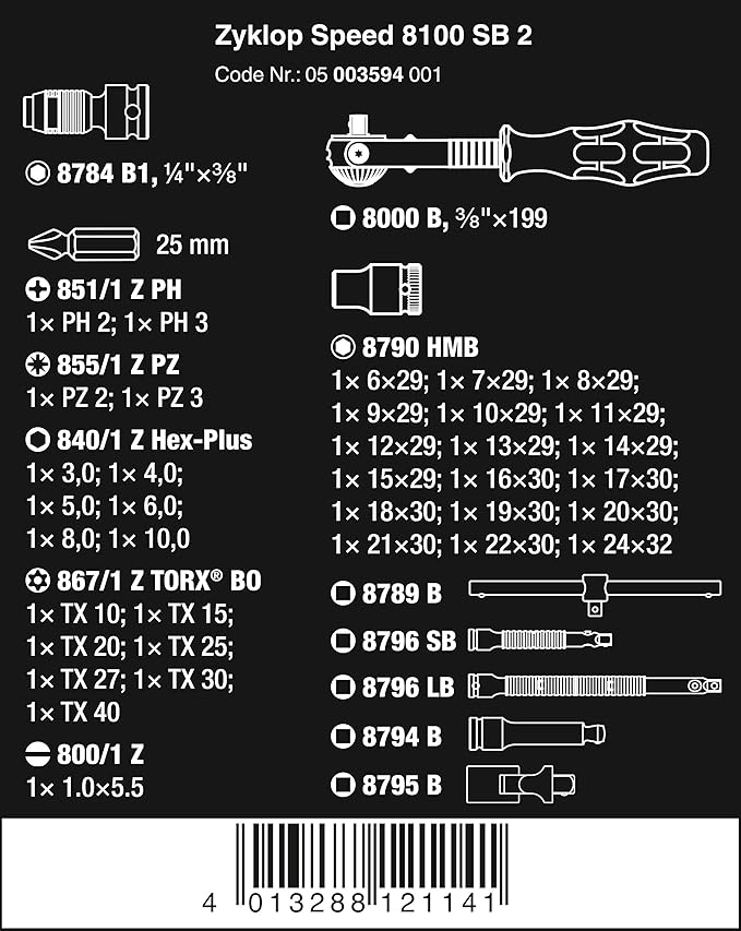 Wera - 5003594001 8100 SB 2 Zyklop 3/8" Metric Ratchet Set ( Piece of 43)