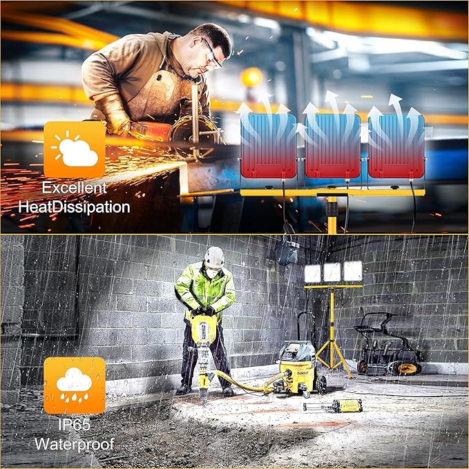 50000 Lumen LED Work Light with Stand - 3 Head Tripod Work Light - IP65 Waterproof Work Light with Tripod for Outdoor Indoor Job Site Workshop Garage Construction Site Lighting