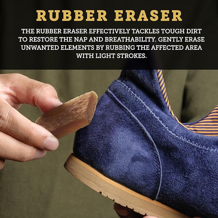 Care & Cool Suede and Nubuck Cleaning Premium Hog Hair Brush 3.94"x1.38" and Rubber Eraser - Gentle Cleaning, Nap Restoration - Ideal for Suede, Nubuck, Leather, Canvas, Knit