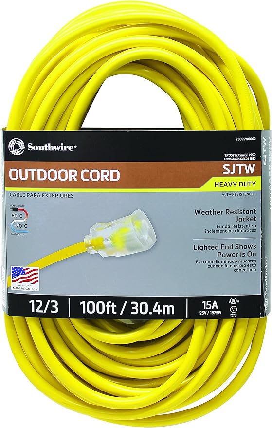 Southwire Outdoor Extension Cord – Durable Vinyl Jacket for For Farm, Ranch & Workshop - Lighted End With Reinforced Blades - SJTW, Yellow - 12 Gauge, 3 Prong - 100 Feet