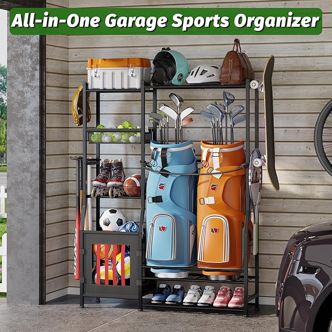 Sports Equipment Organizer Garage Organization , Golf Bag Storage Rack, Organizer for 2 Golf Bag , Indoor/Outdoor Ball Storage Bins for Toy Sports Gear Storage, Ideal for Home, Garage, Club, Basement