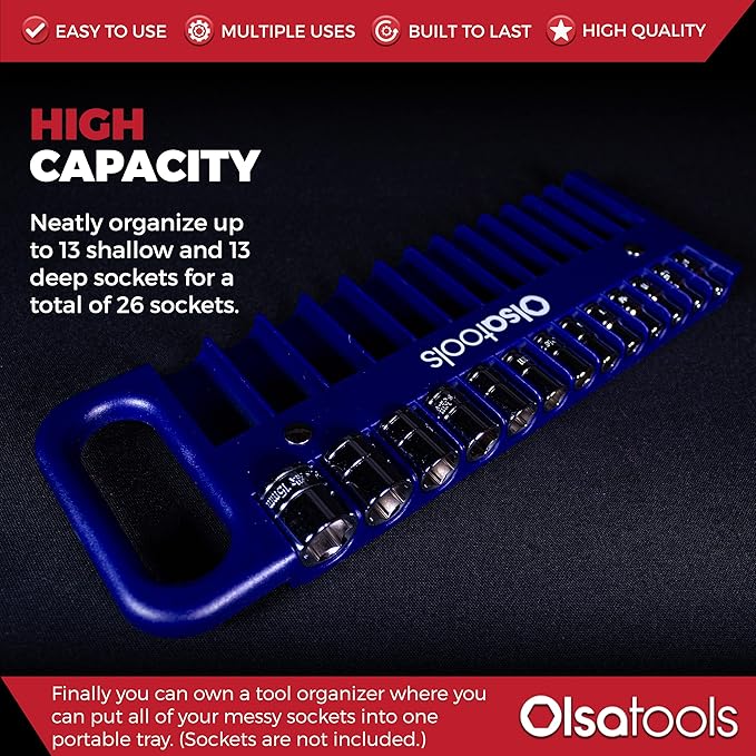 Olsa Tools Magnetic Portable Socket Organizer Tray - 1/4-Inch Drive Blue Holder for Deep & Shallow Sockets - Professional Tool Holder and Organizer - Holds up to 5/8" SAE or 14mm Metric - Part: 1078