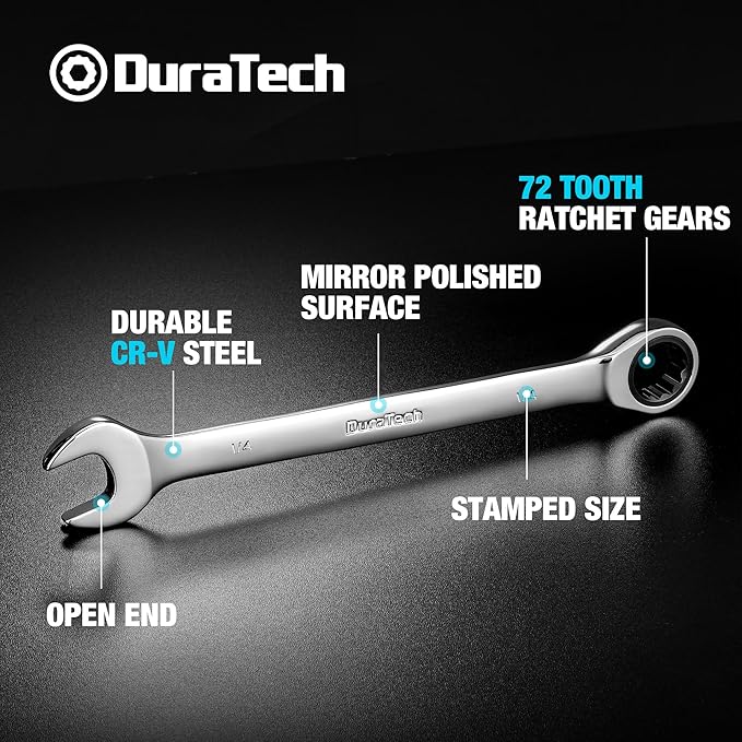 DURATECH 1/4" Ratcheting Combination Wrench, SAE, 72-Tooth, 12-Point, CR-V Constructed with Mirror Polish