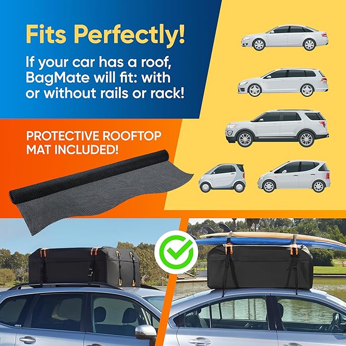 Waterproof Car Roof Bag - Car Rooftop Cargo Carrier Bag – 15 Cubic Ft Roof Rack Cargo Carrier, Includes Anti-Slip Mat, 4 Door Hooks, Reinforced Zipper/Buckle, with or Without Rack