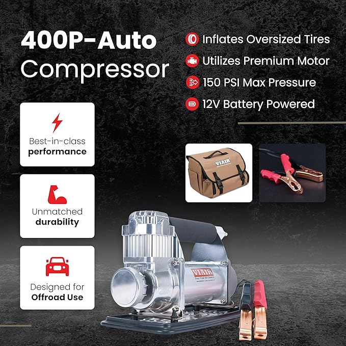 VIAIR 400P - 40045, Automatic Function Portable Compressor Kit, Tire Pump, Truck/SUV Tire Inflator, Silver, For up to 35 Inch Tires