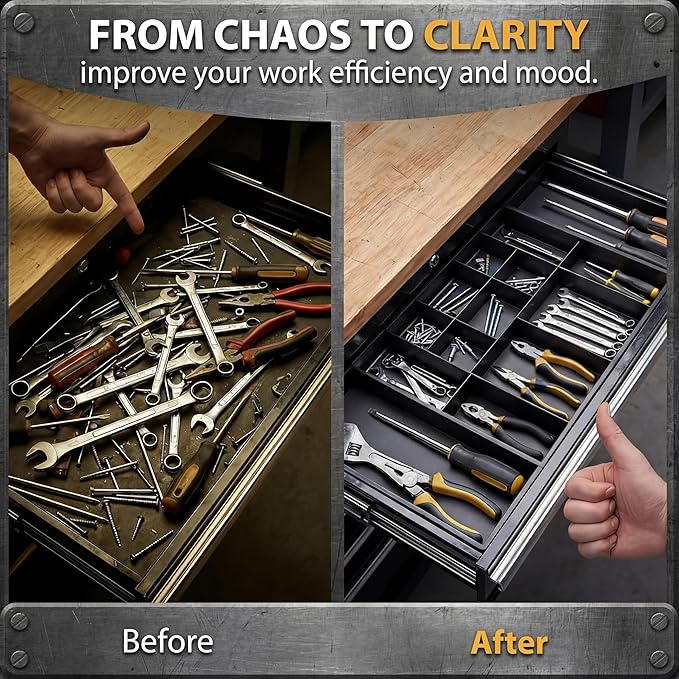 2 Pack Tool Box Organizer Tray Divider, Expandable Desk Drawer Organizer with 12+2 Compartments, 12-20.5 Inch Large Toolbox Storage Tray, Toolbox for Rolling Tool Chest Cart Workbench
