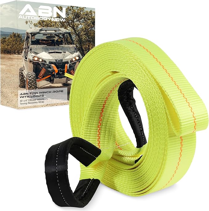 ABN Tow Winch Rope with Loops – Offroad Vehicle Recovery Strap – 30 Feet x 4in – 20,000 lbs Pound Towing Capacity