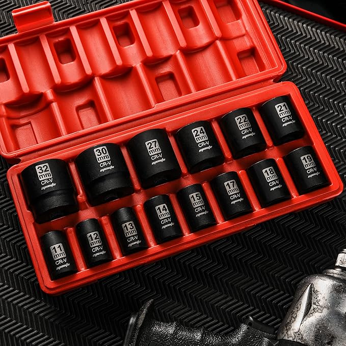 EPAuto 1/2-Inch Drive Click Torque Wrench 1/2-Inch Drive Metric Shallow Impact Socket Set, Cr-V
