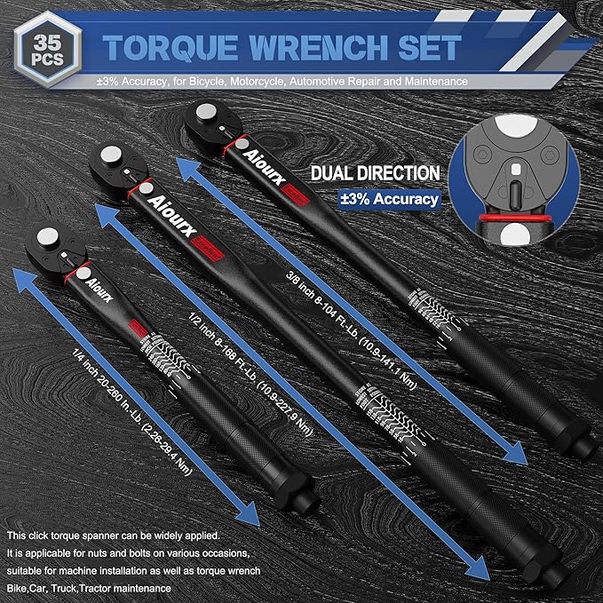 Torque Wrench Set 35PCS, 1/4" 3/8" 1/2" Drive Click Torque Wrench, 72 Tooth Dual-Direction Adjustable, Dual Scale, ±3% Accuracy, for Bicycle, Motorcycle, Automotive Repair and Maintenance