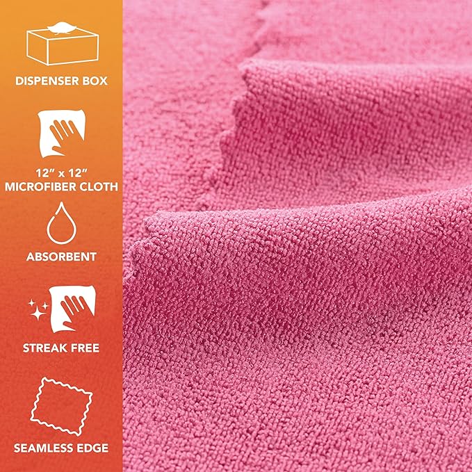 Arkwright Smart Rags Microfiber Cleaning Cloths, Pack of 50 in a Box, Lint Free 180 GSM Reusable Towels for Auto, Office and Household Cleaning, 12 x 12 in, Pink