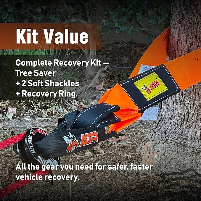 ATR Off-Road Recovery Kit – Tree Saver Strap 3.5”x8ft (36,000 lbs) + (2) ½”x24” Soft Shackles + Recovery Ring (66,000 lbs) – Heavy Duty Tow Strap Set for Truck, Jeep, SUV, 4x4, ATV