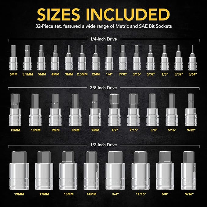 LEXIVON Master HEX Bit Socket Set, Premium S2 Alloy Steel | Complete 32-Piece, SAE and Metric Set | Enhanced Storage Case (LX-144)