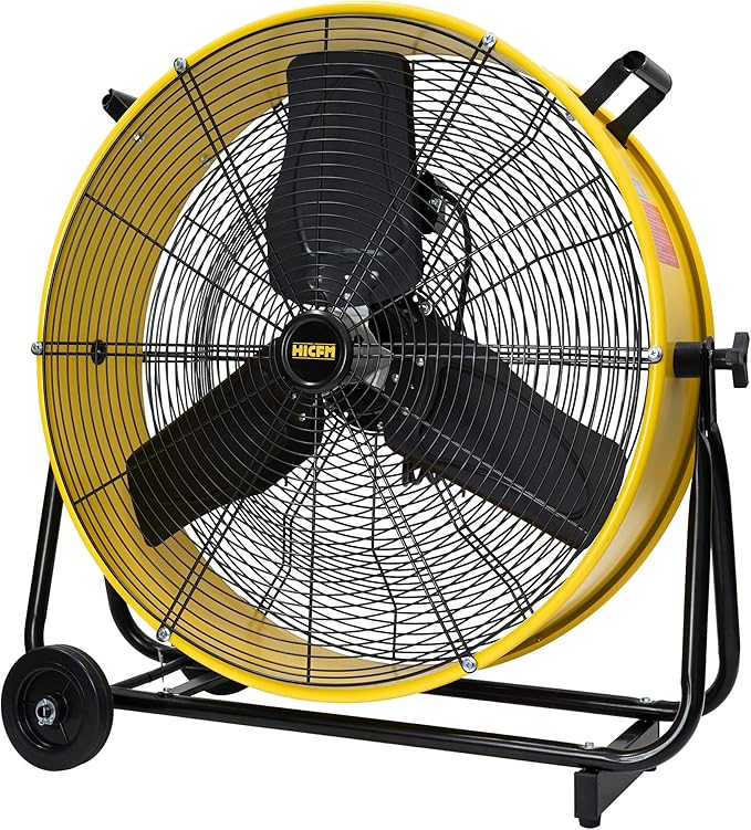 HiCFM 24 inch Enclosed Motor Drum Fan with TEAO Sealed Powerful 1/3HP Motor, 9 Feet Cord, 9200 CFM 2-Speeds High Velocity, safety yellow Shop Fan, 180 Degree Tilting, Move Much Air, UL Approved