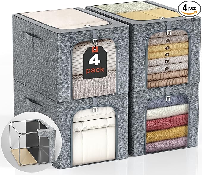 GoMaihe Clothes Storage Bin with Metal Frame: 4-Pack Stackable Closet Storage Bin with Lid & Clear Window, Sweater Boxes Storage for Closet Clothing Bedding Storage Organizer 40L