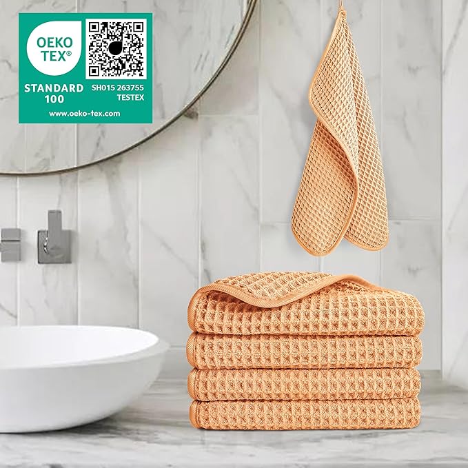 POLYTE 430 GSM Microfiber Lint Free Washcloth Face Towel, 13 x 13 in, 4 Pack (Waffle Weave)