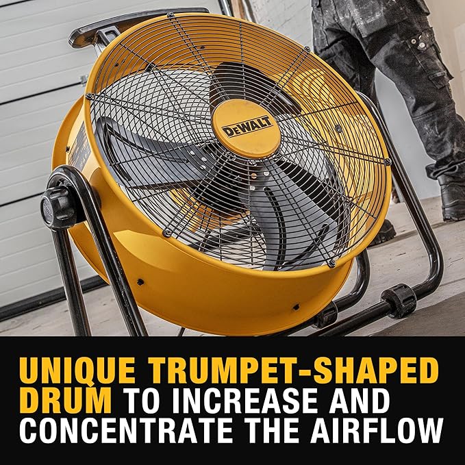DEWALT DXF2042 Industrial Fan, 20 Inch High Velocity Fans with 3-Speed Adjustable Tilting Head, Drum Fan for Outdoor, House and Warehouse, Yellow