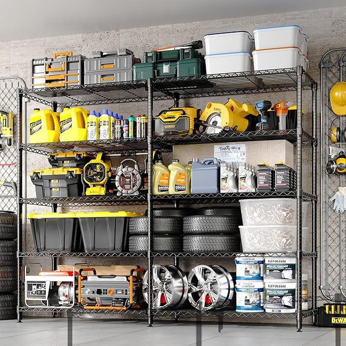 5-Tier Metal Storage Shelves, 60" Wide Wire Shelving Unit, 1325LBS Load Heavy Duty Adjustable Corner Standing Shelf Rack, H/L-Shaped, for Garage. Kitchen, Pantry, Basement,13.8" D x 70.5" H