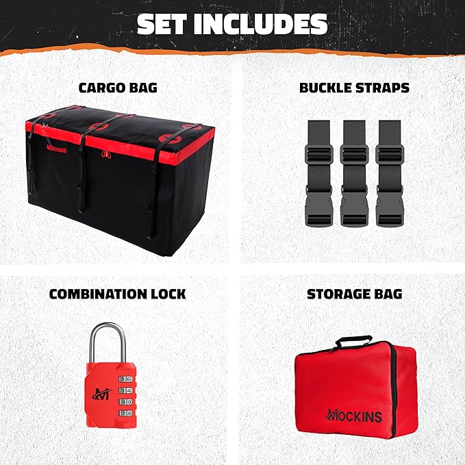 Mockins 40 CuFt XXL Trailer Hitch Cargo Carrier Bag | 70"x30"x33" Heavy Duty Vinyl Cargo Bag for Hitch Carrier | Versatile Waterproof Truck Bed Storage | Vehicle Soft-Shell Carriers with Accessories
