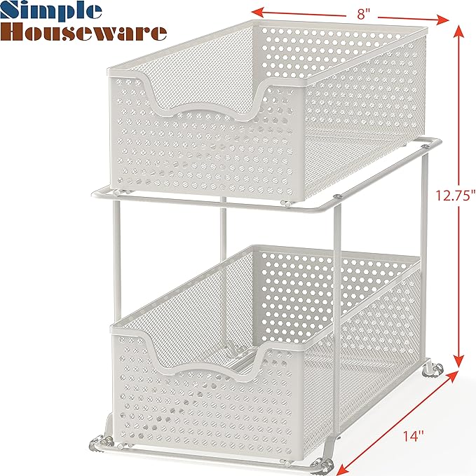 Simple Houseware 2 Tier Sliding Cabinet Basket Organizer Drawer, White