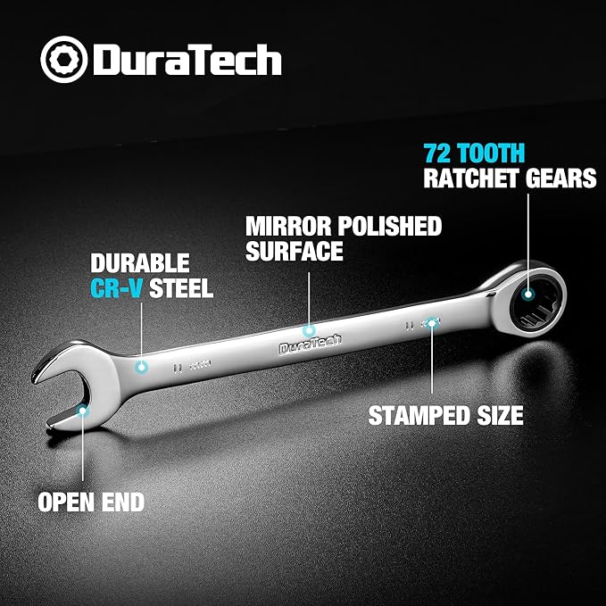 DURATECH 11mm Ratcheting Combination Wrench, Metric, 72-Tooth, 12-Point, CR-V Constructed with Mirror Polish