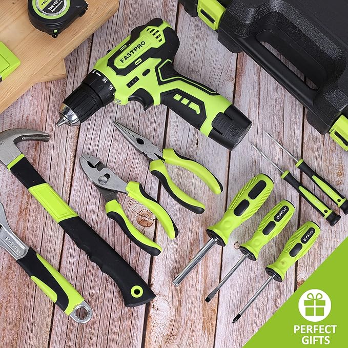 FASTPRO 160-Piece Home Tool kit with Drill, 12V Cordless Lithium-ion Drill Driver and Household Repairing Tool Set with Storage Case, For DIY, Home Maintenance, Green