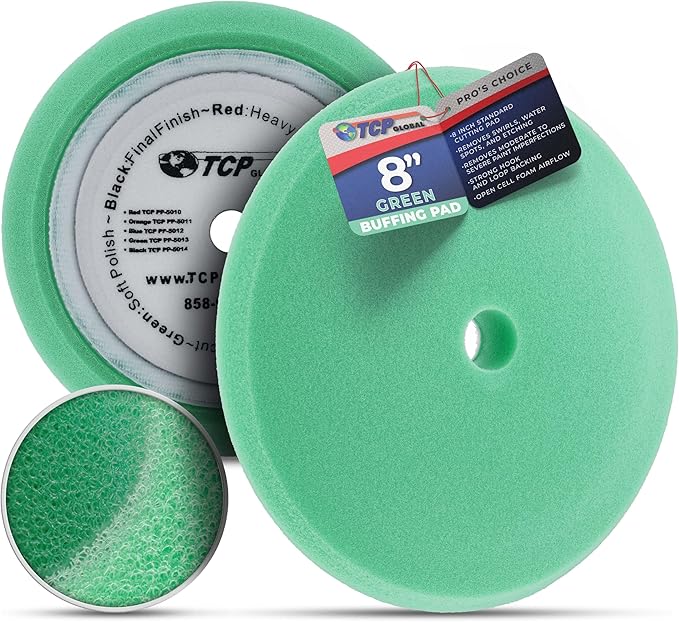 TCP Global 8" Green Foam Buffing Pad Final Cut Polish Hook and Loop Backing - Buffing Pad for Automotive, Marine, Truck, RV & Compound Cutting