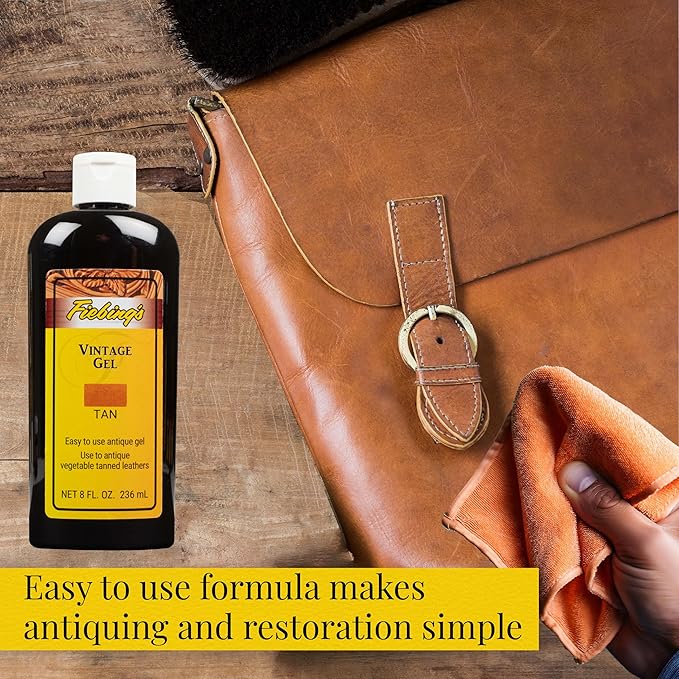 Fiebing's Vintage Gel (8 oz, Tan) - Antiquing & Restoration Gel for Contrasted Accent Finish on Smooth & Tooled Leather Boot, Shoe, Purse, Belt - Two-Toned Effect Emphasizes Leathercraft Embossing