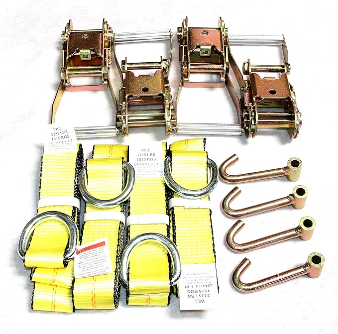 GRIPON (Pack of 8) 2" x8' Lasso Strap with 2" Ratchet and J Finger Hook Tie Down