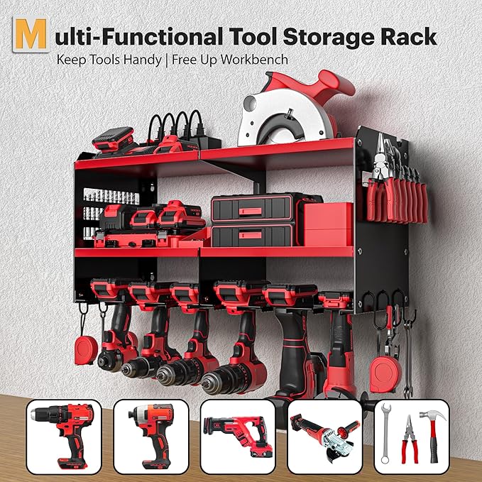 Spampur Power Tool Organizer Wall Mount with Charging Station, 15 Min Assembly & Maximum 420lbs Load by Heavy Duty Metal, 8 Slots for Cordless Drill, Tool Battery Holder with 6 Outlet Power Strip