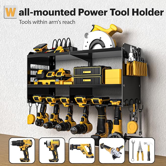 Spampur Power Tool Organizer Wall Mount with Charging Station, 3 Layer Heavy Duty Metal Tool Storage Rack Loads 420lbs with 6 Cordless Drill Holder, Idea Gifts for Men, Garage Workshop