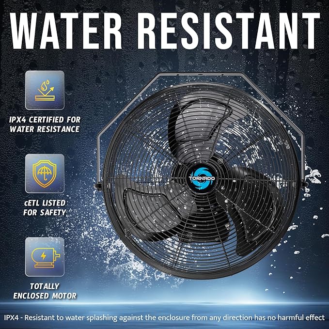Tornado 18 Inch Outdoor Rated IPX4 Water-Resistant High Velocity Metal Industrial Wall Mounted Fan For Commercial, Industrial, Residential Use 3 Speed 4150 CFM 6.6 FT Cord UL Safety Listed