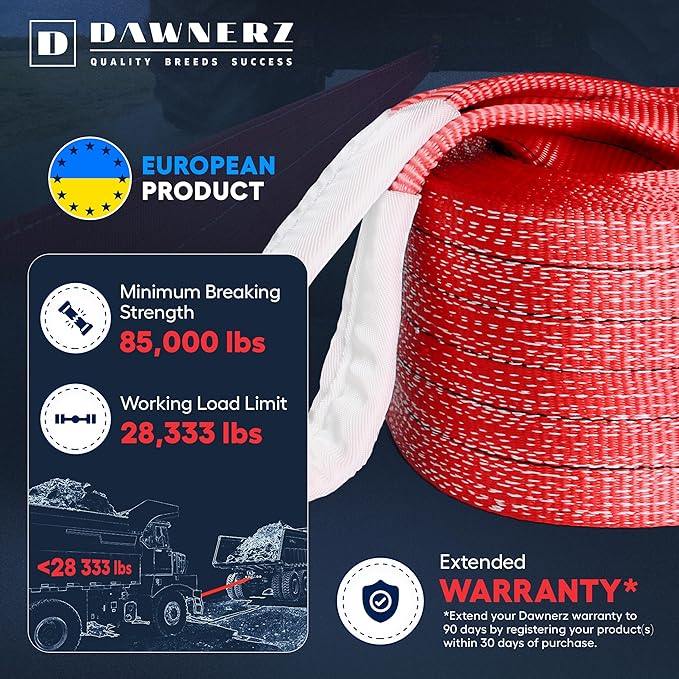 Tow Rope Heavy Duty 30ft 85000 lbs Minimum Break Strength - Recovery Strap 42 US Tons 9m for Trucks and Buses
