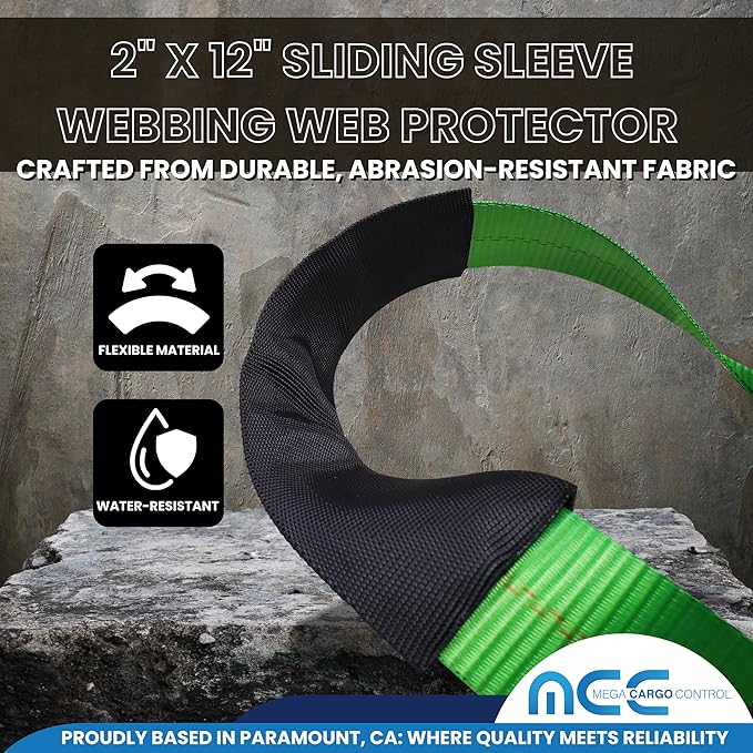 Mega Cargo Control 2" x 12" Sliding Sleeve Protectors for Towing Straps, Winch Tie Downs, Cargo Straps - Protective Sleeves (Black, 10 Pack)