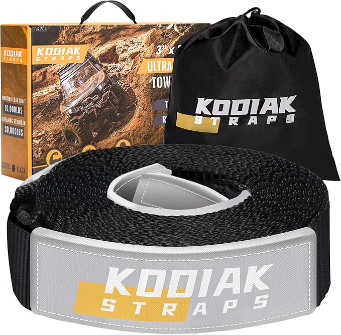 KODIAK STRAPS Tow Strap – 3'' x 20ft Car Tow Straps Heavy Duty with 30000 lbs. Break Strength and Reinforced Loops Emergency Rope Off Road Recovery Equipment Towing Straps Draw String Bag Included