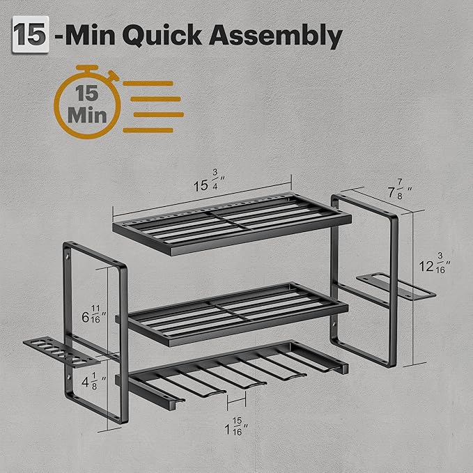 Spampur Power Tool Organizer Wall Mount, 3 Layers Storage Rack with 4 Drill Holders, Garage Storage Rack for Handheld, Metal Tool Shelf Utility Rack for Cordless Power Tools, Suitable for Giving men