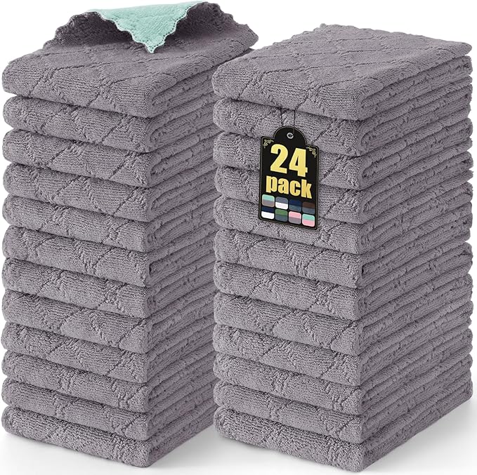 Mordimy 24 Pack Kitchen Towels (20" x 10", Grey & Green), Super Soft and Absorbent Dish Towels, Coral Velvet Microfiber Cleaning Cloth, Nonstick Oil Fast Dry Dish Cloths