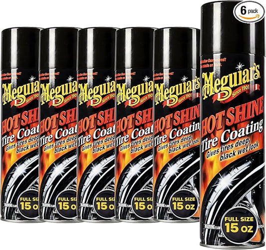 Meguiar's Hot Shine High Gloss Tire Coating, 6 Pack (6 x 15 oz = 90 oz Total) Aerosol Tire Shine Spray for Deep Black Wet Look Tires on Cars Trucks and SUVs After Car Wash Detailing