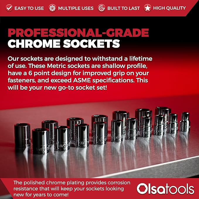 Olsa Tools Metric Shallow Socket Set - 1/2-Inch Drive, 18pc - 6-Point Chrome Sockets from 10mm–27mm and No Skipped Sizes - Mechanic Shallow Metric Socket Set - Professional Grade Sockets - Part: 1326
