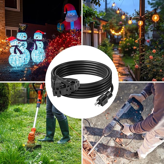 BN-Link's 2 Pack Outdoor Extension Cord Set is Ideal for Holiday Yard Decorations and Garden Equipment. with Three outlets You can Plug in Loads up to a Total of 13amps/1625watts. (Black, 25ft)