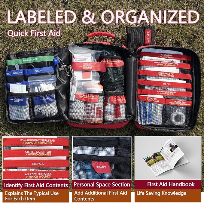 Upgrade - Comprehensive First Aid Kit with Labelled Compartments, Molle System Emergency Kits for Car,Home,Hiking, Backpacking, Camping, Traveling, and Cycling