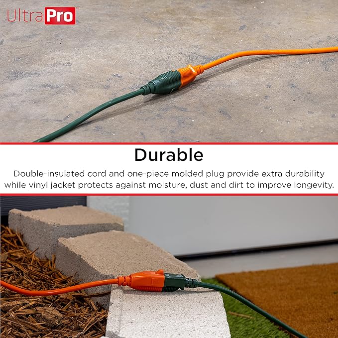 UltraPro Outdoor Extension Cord, 15 Ft, Heavy Duty 3 Prong Extension Cord, 16 AWG 125 VAC Outdoor Long Power Strip, ETL Listed, Green, 68306
