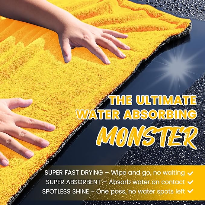 PUGPIU Car Drying Towel - 1400GSM Extra Large Super Absorbent Microfiber Towels for Cars 24"x36" - Large Edgeless with Twisted Loop, Lint-Free & Streak-Free for Auto Detailing, SUV, Truck (Yellow)
