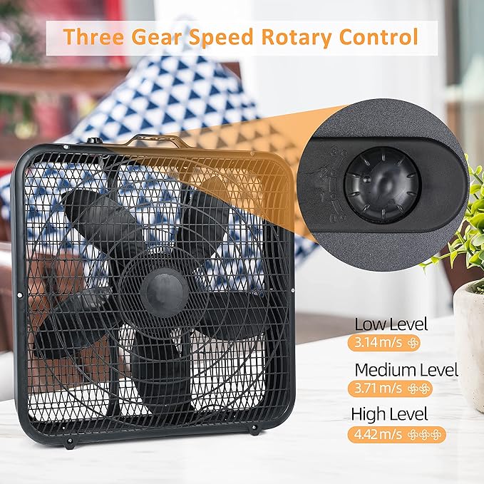 Simple Deluxe 20” Box Fan, 3-Speed Cooling Table Fan with Aerodynamic Shaped Fan Blades, Convenient Carry Handle and Safety Grills, Black
