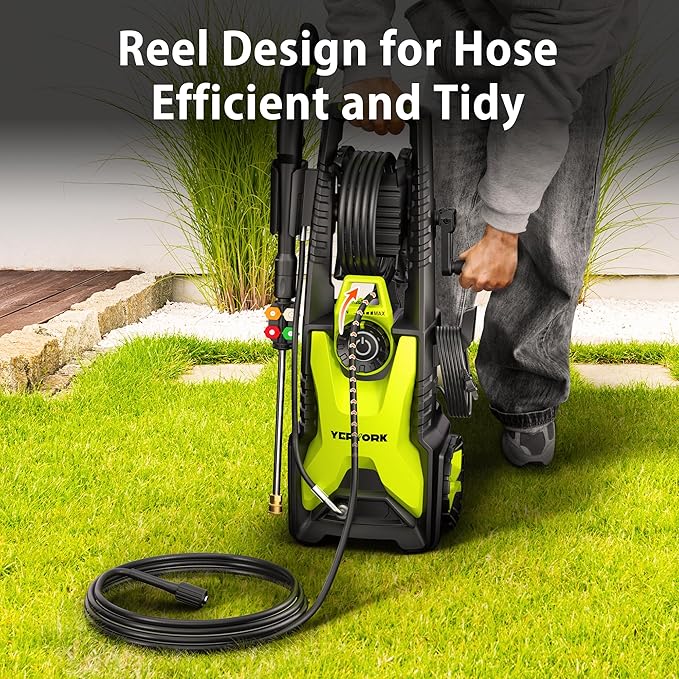 Adjustable 5000 Max PSI Pressure Washer, 2 Max GPM Power Washer with 33 FT Hose Reel, Steel Wand, 500ml Foam Cannon, 4-Nozzle Set, Electric Pressure Washer for Cars, Fences, Patios
